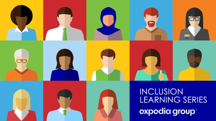 Illustration of a group of diverse people with the text Inclusion Learning Series and Expedia Group logo