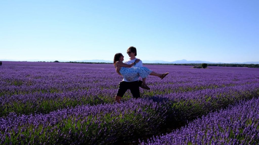 happy couple in the middle of lavender fields