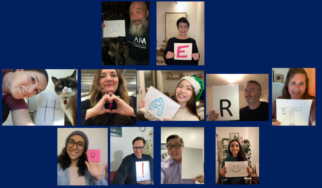 Photo collage of AIM Board members holding up letters that read WE HEART U!! :-) Toby Willis and Dazzler with W. Marnie Weber with E. Laura DeCook and Layken with H. Kristin Dillon with E. Sayaka Nishikokubaru with A. Jason Moran with R. Elizabeth Ferry with T. Amanda Benoit with U. Subbu Allamaraju with !. John Kim with !. Volaine DiPastena with :-) 